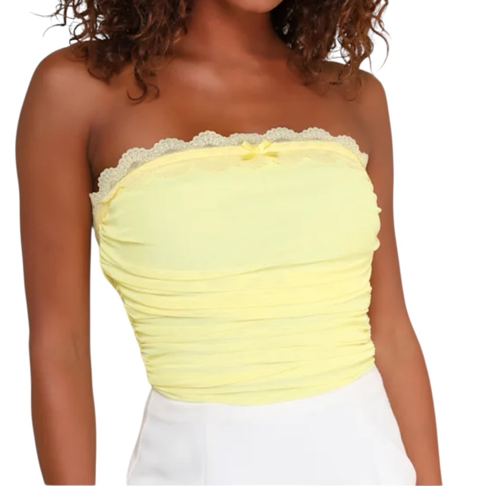 Bright Yellow Mesh Lace Ruched Strapless Top